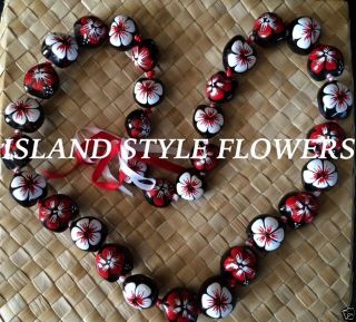 Hawaii Wedding Red White Kukui Nut Lei Graduation Luau Hula Necklace Hibiscus