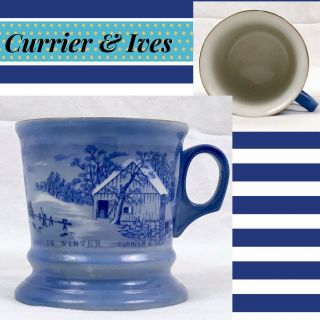 Rare Vintage Currier & Ives Homestead In Winter Shaving Mug Blue & White Cup