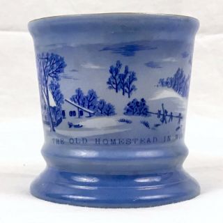 RARE Vintage Currier & Ives Homestead in Winter Shaving Mug blue & white Cup 5