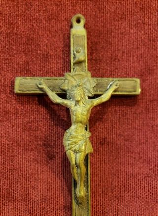 ANTIQUE FRENCH BRASS CRUCIFIX / SKULL & BONES WITH WOOD INLAYS 3