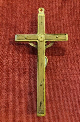 ANTIQUE FRENCH BRASS CRUCIFIX / SKULL & BONES WITH WOOD INLAYS 4