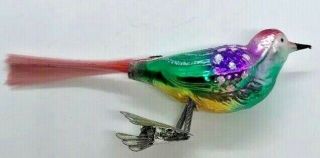 Vintage Glass Rainbow Bird Clip - On Christmas Ornament W/ Pink Silk Tail