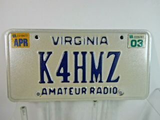 Virginia Va 2003 Amateur / Ham Radio License Plate / Tag K4hmz