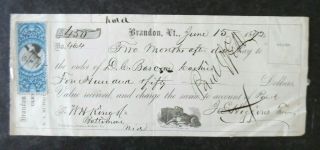 1872 Brandon Vermont Promissory Note Document With 25c Revenue Stamp Attached