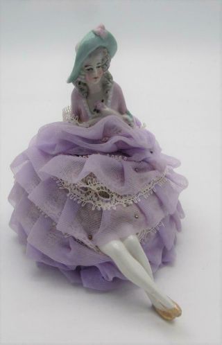 Vintage Early 20thc Porcelain Half Doll Pin Cushion With Legs