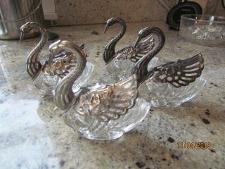 4 Vintage Silverplate & Glass Swan Open Salt Cellars Dishes