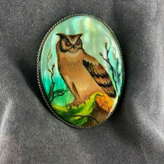 Mother Of Pearl Button Collectible Russian Hand Painted Horned Owl Red Eyes