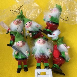 Set 6 Vintage Wood Wooden Troll Pixie Elves Christmas Ornament Fur Beard Elf