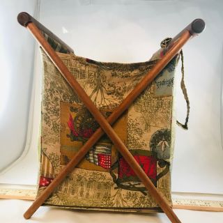 Henry Seligman Ny Folding Sewing Basket Knitting Bag Wood Frame Craft