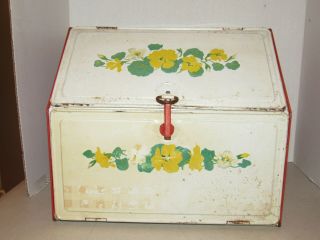 Vintage Tin Metal Pie Safe Bread Box Double Door Red White Flower Farmhouse
