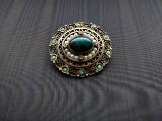 Sterling Silver Pendant Brooch Pin Filigree Eilat Stone Turquoise Israel Ca1950s