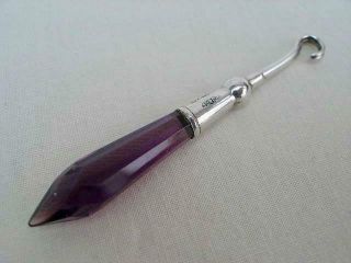 A Good Quality Hallmarked Silver & Amethyst Glass Button Hook.