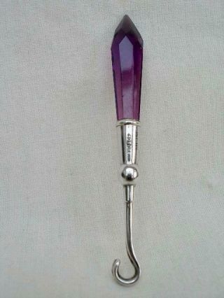 A Good Quality Hallmarked Silver & Amethyst Glass Button Hook. 2