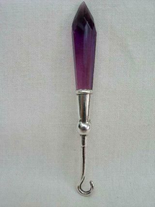 A Good Quality Hallmarked Silver & Amethyst Glass Button Hook. 3