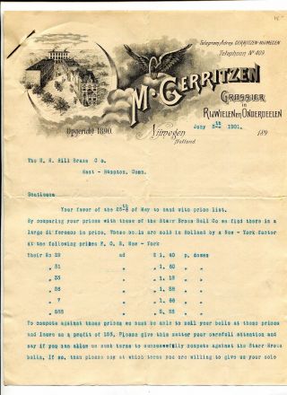 Vintage Illustrated Letterhead M Gerritzen Nijmegen Holland 1901 Bicycle Parts
