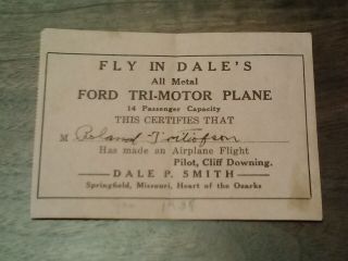 1934 Receipt Fly In Dales All Metal Ford Tri - Motor Plane Springfield Missouri