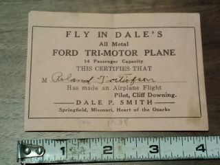 1934 Receipt Fly in Dales All Metal Ford Tri - Motor Plane Springfield Missouri 2