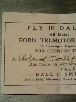1934 Receipt Fly in Dales All Metal Ford Tri - Motor Plane Springfield Missouri 4