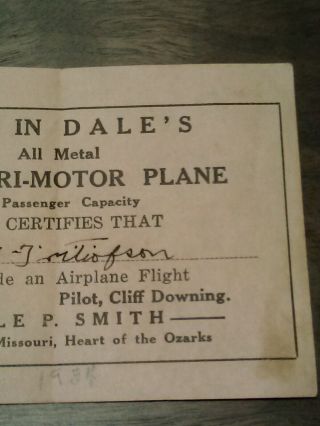 1934 Receipt Fly in Dales All Metal Ford Tri - Motor Plane Springfield Missouri 5