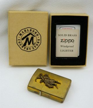 Unfired 1994 Zippo Solid Brass Marlboro Rodeo Bucking Bronco Lighter & Box