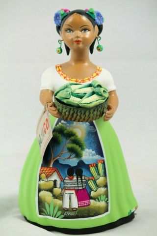Lupita Najaco Ceramic Doll/figurine Mexican Folk Art Corn Basket Lime Green