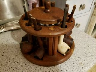 Vintage Wooden Walnut 9 Pipe Holder Stand With Glass Tobacco Holder Assorted