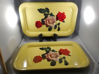 Vintage Set Of 2 Enamel Metal Serving Lap Tray Yellow With Roses
