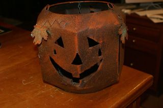 Hanging Metal Pumpkin Halloween Lantern Candle Lit W/chain 9 " H X 7 " D