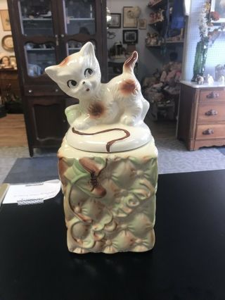 Vintage Usa Kitten Cat Cookie Jar Playing With Boot String