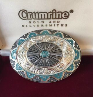 Crumerine Belt Buckle Heavy Silver Plate On Bronze Faux Turquoise With Case Euc