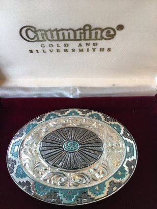 Crumerine Belt Buckle Heavy Silver Plate On Bronze Faux Turquoise With Case EUC 2