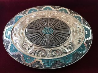Crumerine Belt Buckle Heavy Silver Plate On Bronze Faux Turquoise With Case EUC 4