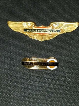 Vintage 1950’s Harley Davidson 3” Gold Wing Pin And A Black And Gold Hd Pin