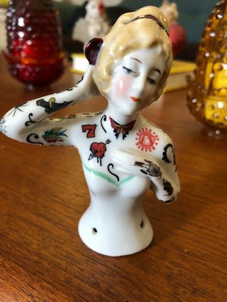 Vintage Porcelain Half Doll Pin Cushion Lady With Tattoos