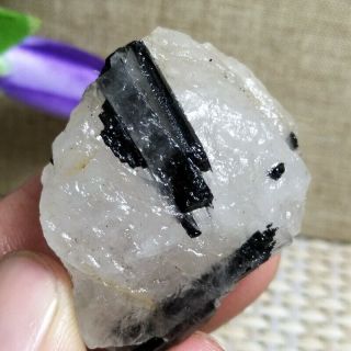 Black Tourmaline Rutilated Uncut Quartz Crystal Mineral Specimen Tibet C511