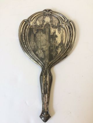 Antique Vintage Ornate Silver - Plated Vanity VICTORIAN Lady ' s Hand Held Mirror 2