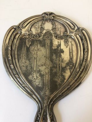 Antique Vintage Ornate Silver - Plated Vanity VICTORIAN Lady ' s Hand Held Mirror 3