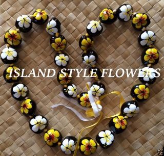Hawaii Wedding Yellow White Kukui Nut Lei Graduation Luau Hula Necklace Hibiscus