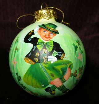 Christmas Ornament - Hand Painted Glass Ball Leprechaun & Shamrocks