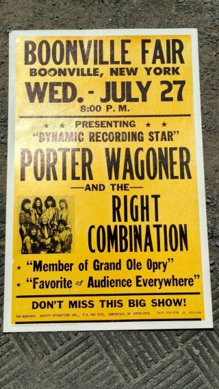 Orig Old Poster Boonville Fair Ny,  Porter Wagoner And The Right Combination 7/27