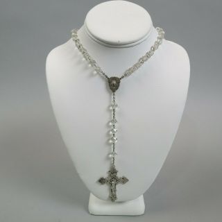 Vintage Sterling Silver & Cut Crystal Bead Rosary Necklace Nr