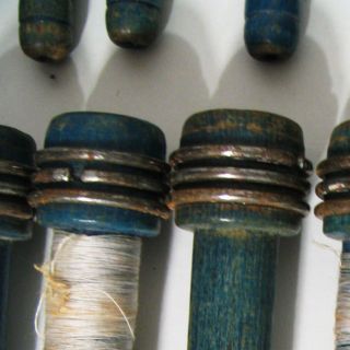 45 Vintage Wooden Loom Spools Bobbins Spinning Industrial Tools,  Painted Blue 4