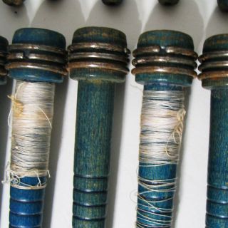 45 Vintage Wooden Loom Spools Bobbins Spinning Industrial Tools,  Painted Blue 5