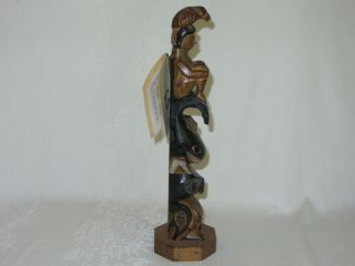 Alaska Black Diamond Hand Carved Wood Totem Pole Seawoman Owl Figurine Ray Moore 2