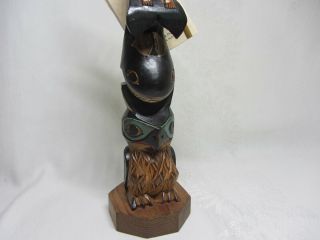 Alaska Black Diamond Hand Carved Wood Totem Pole Seawoman Owl Figurine Ray Moore 8