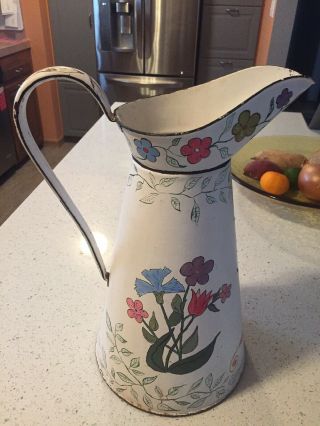 Antique Enamelware French Body Pitcher Painted White With Design