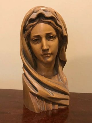 Vintage Wood Carved Madonna Virgin Mother Mary Bust.  9 " Tall