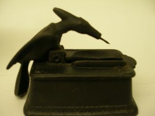 Antique Black Cast Metal Mechanical Match Dispenser Phoenix Bird / Woodpecker