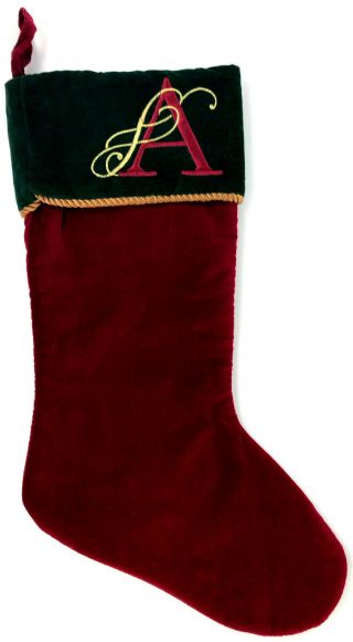 Christmas Holiday Stocking Letter " A " Initial Monogram Deep Red And Green