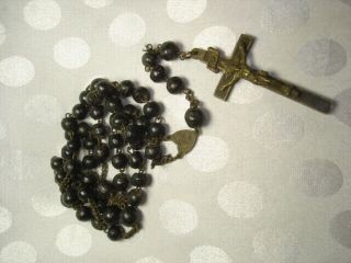 Large Antique Brass And Wood Nuns Rosary ? Crucifix Necklace